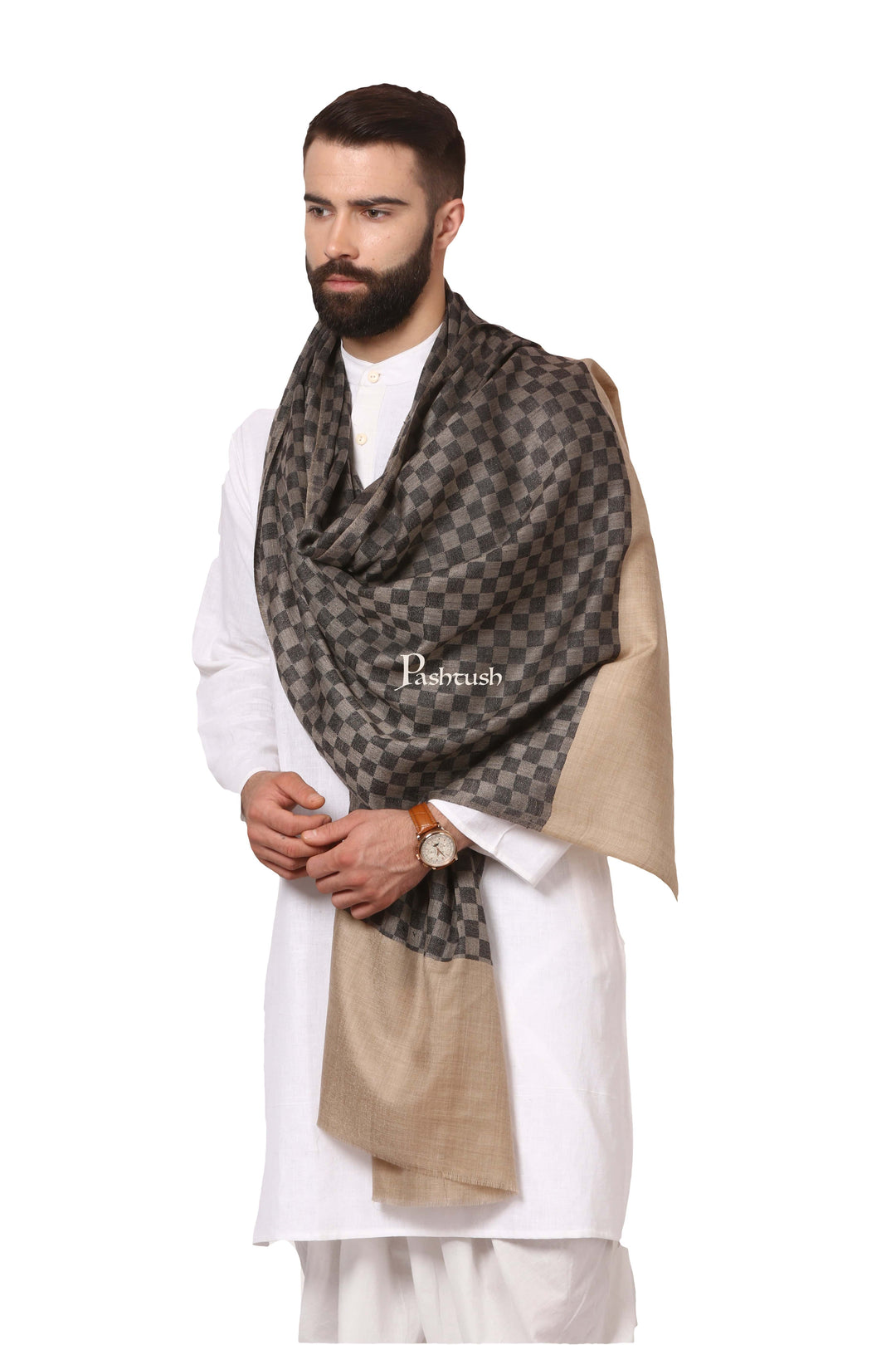 Pashtush India Gift Pack Pashtush His And Her Set Of Fine Wool Stoles, Premium Gift Box Packaging, Black &amp; Beige