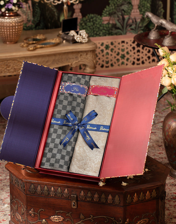 Pashtush India Gift Pack Pashtush His And Her Set Of Fine Wool Stoles, Premium Gift Box Packaging, Black &amp; Beige
