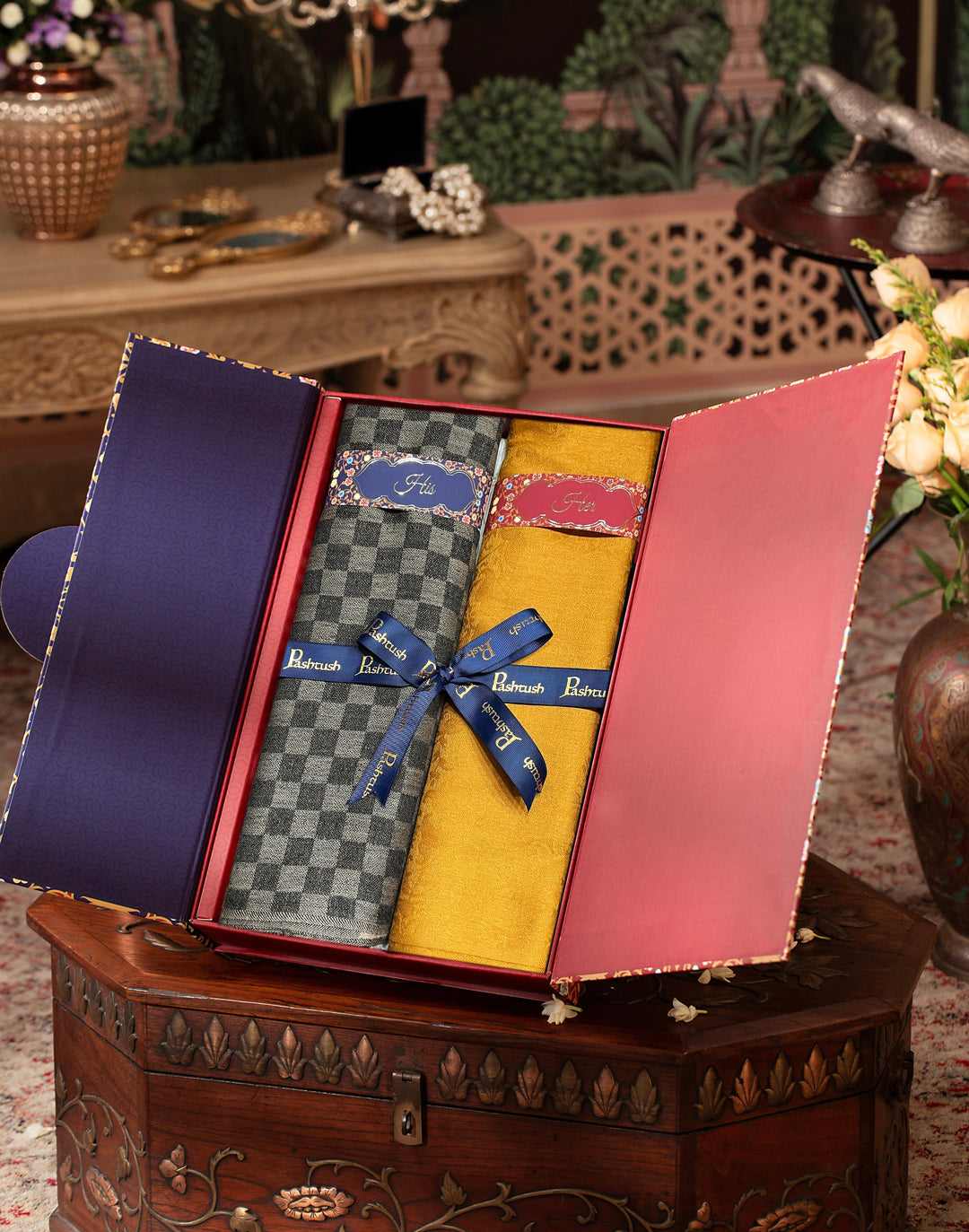 Pashtush India Gift Pack Pashtush His And Her Set Of Fine Wool Stoles, Premium Gift Box Packaging, Black & Mustard