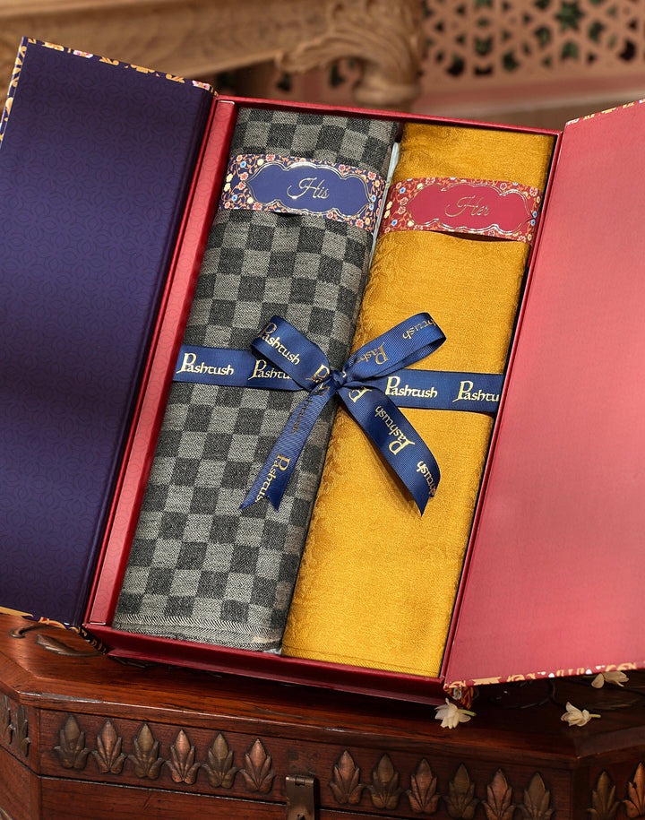 Pashtush India Gift Pack Pashtush His And Her Set Of Fine Wool Stoles, Premium Gift Box Packaging, Black & Mustard