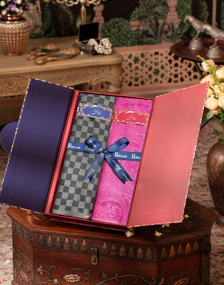 Pashtush India Gift Pack Pashtush His And Her Set Of Fine Wool Stoles, Premium Gift Box Packaging, Black & Pink