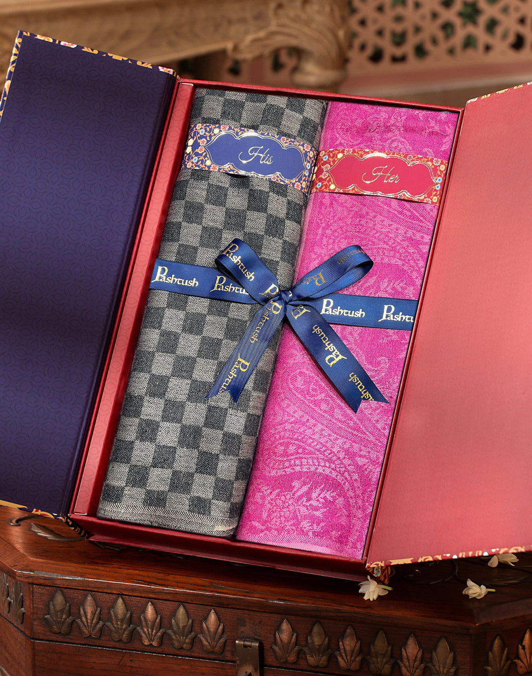 Pashtush India Gift Pack Pashtush His And Her Set Of Fine Wool Stoles, Premium Gift Box Packaging, Black & Pink
