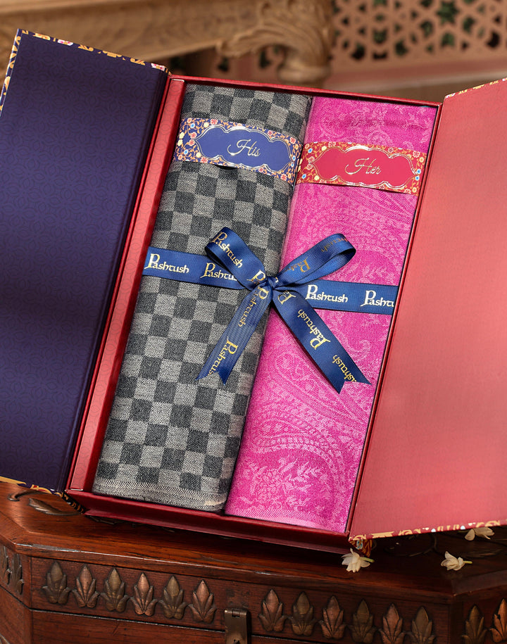 Pashtush India Gift Pack Pashtush His And Her Set Of Fine Wool Stoles, Premium Gift Box Packaging, Black & Pink