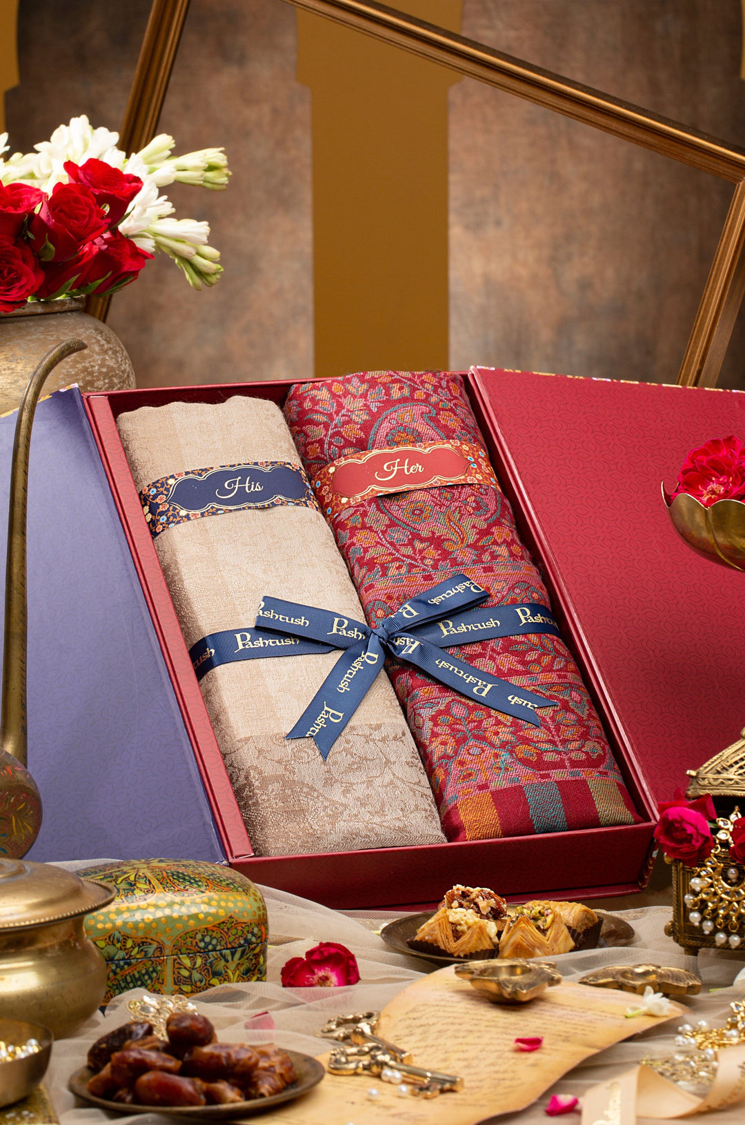 Pashtush India Gift Pack Pashtush His and Her Set of Fine Wool Stoles with Premium Gift Box Packaging, Beige and Maroon