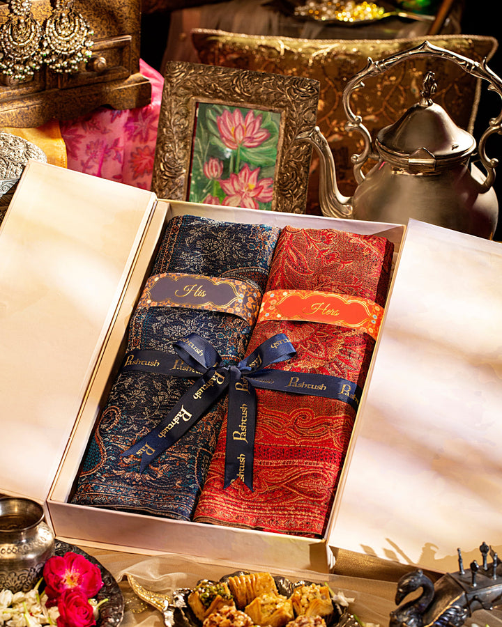 Pashtush India Gift Pack Pashtush His And Her Set Of Jamawar Stole and Shawl With Premium Gift Box Packaging, Navy Blue and Maroon