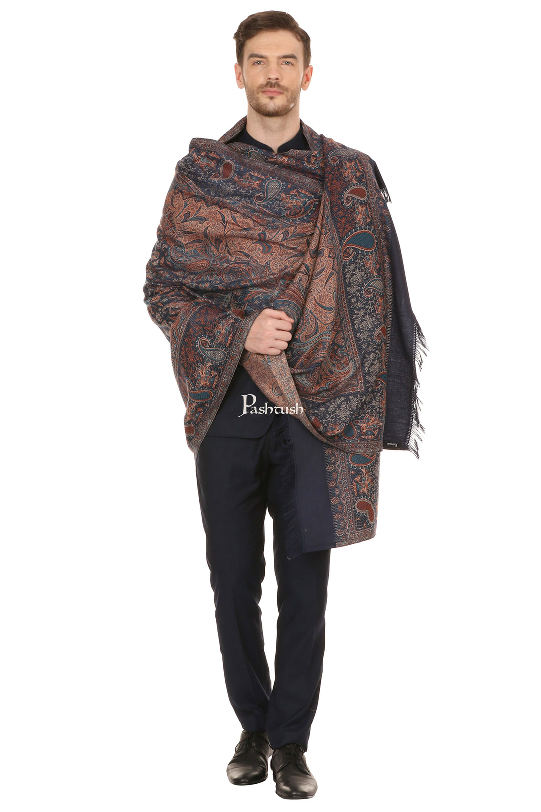 Pashtush India Gift Pack Pashtush His And Her Set Of Jamawar Stole and Shawl With Premium Gift Box Packaging, Navy Blue and Maroon