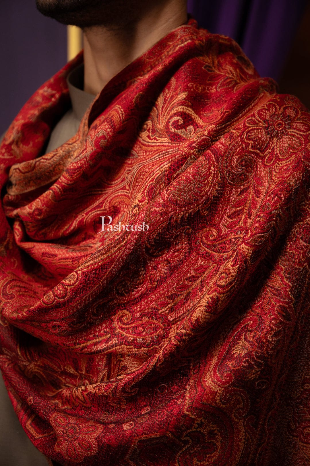 Pashtush India Gift Pack Pashtush His And Her Set Of Jamawar Stole and Womens Bamboo Stole, Premium Gift Box Packaging, Maroon And Blue