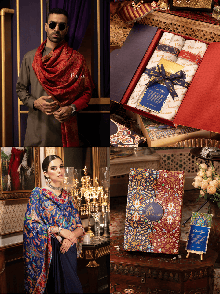 Pashtush India Gift Pack Pashtush His And Her Set Of Jamawar Stole and Womens Bamboo Stole, Premium Gift Box Packaging, Maroon And Blue