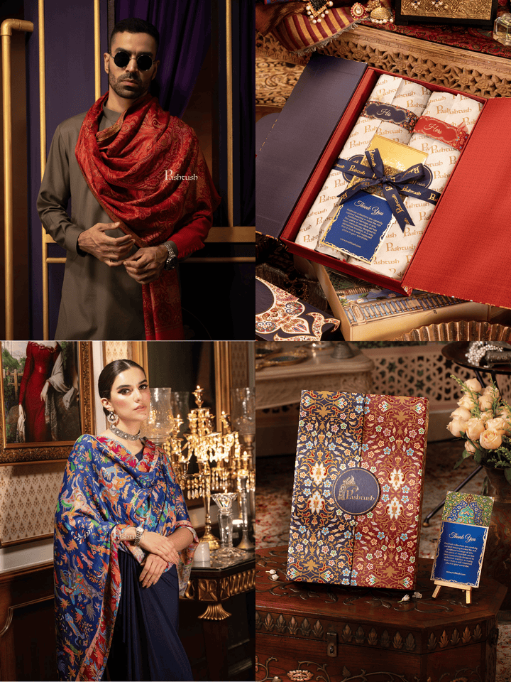 Pashtush India Gift Pack Pashtush His And Her Set Of Jamawar Stole and Womens Bamboo Stole, Premium Gift Box Packaging, Maroon And Blue