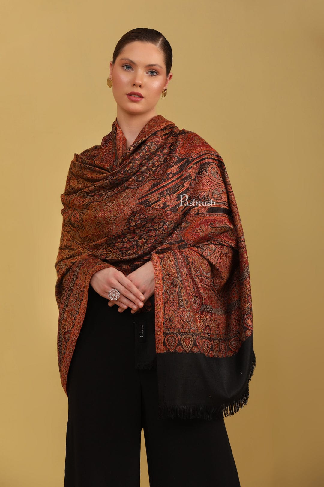 Pashtush India Gift Pack Pashtush His And Her Set Of Jamawar Stole and Womens Shawl, Premium Gift Box Packaging, Black