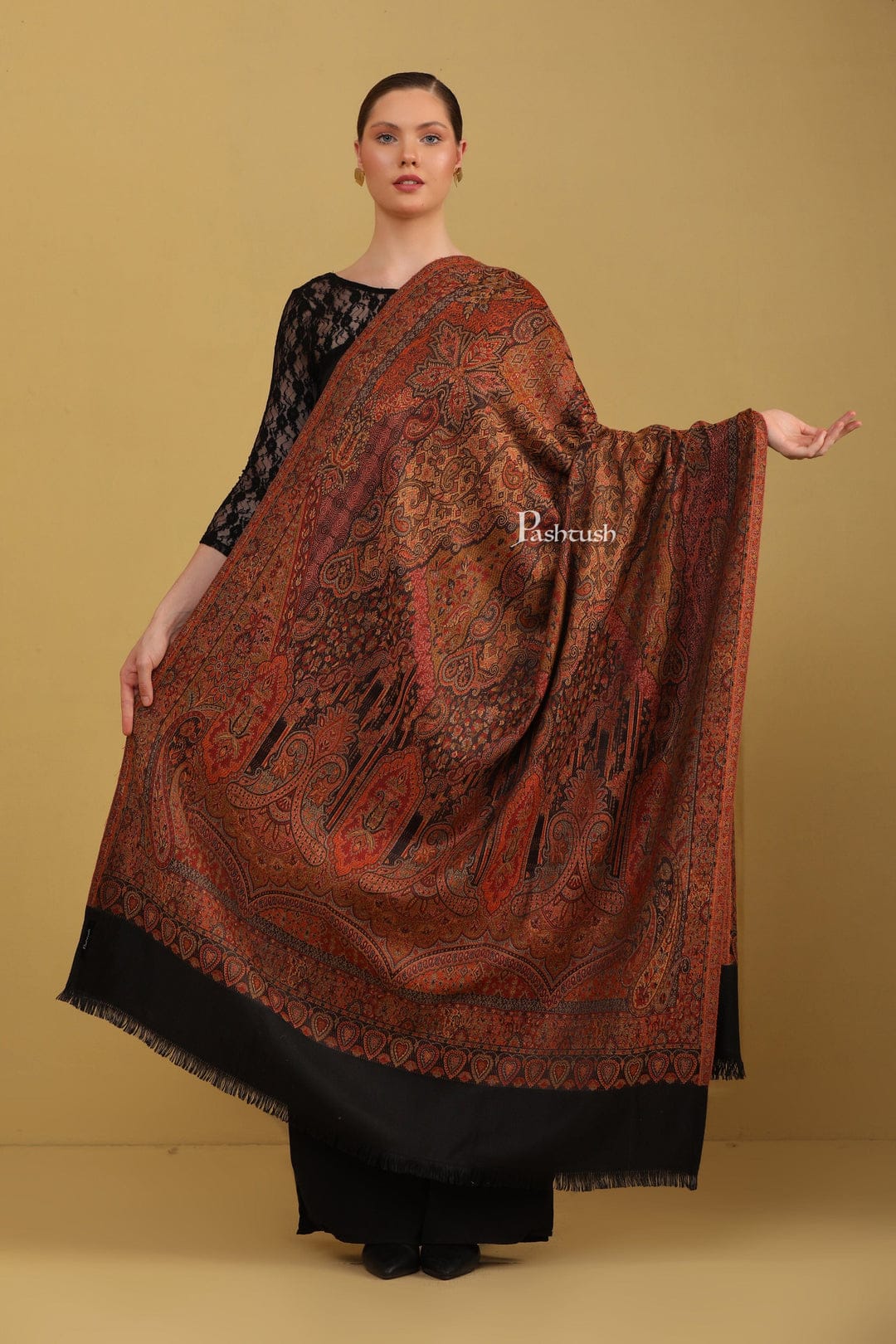 Pashtush India Gift Pack Pashtush His And Her Set Of Jamawar Stole and Womens Shawl, Premium Gift Box Packaging, Black