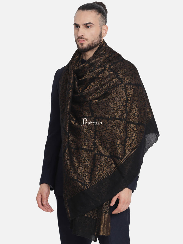 Pashtush India Gift Pack Pashtush His And Her Set Of Jaquard Metallic Weave Stole and Shawl With Premium Gift Box Packaging, Black and Ivory