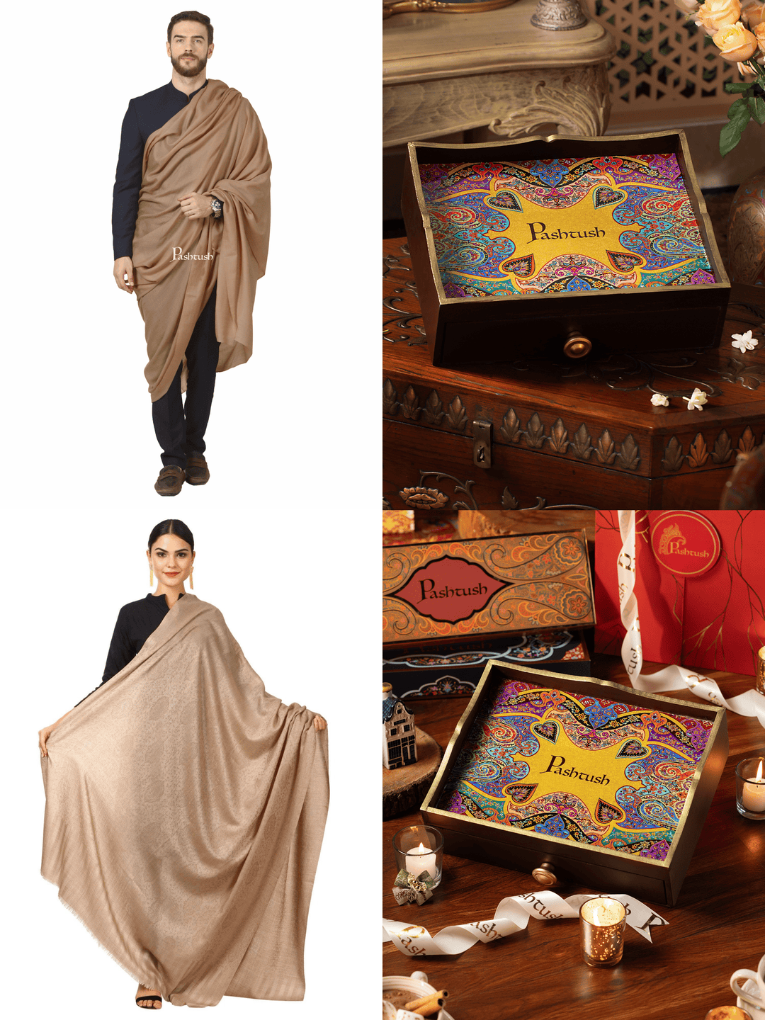 Pashtush India Gift Pack Pashtush His And Her Set Of Mens 100% Pure Wool Shawl and Womens Extra Fine Wool Shawl With Wooden Chester Box, Taupe
