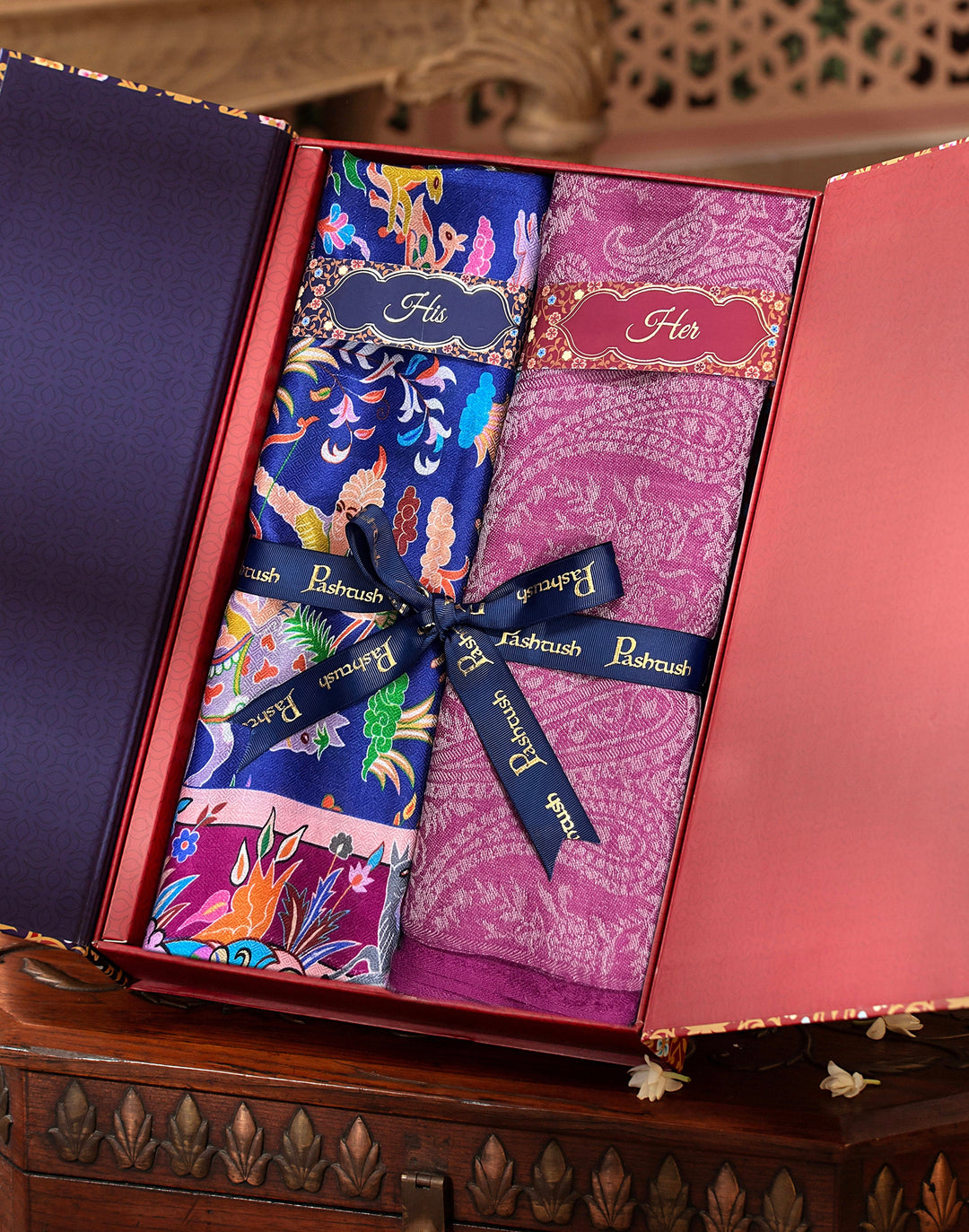 Pashtush India Gift Pack Pashtush His And Her Set Of Mens Bamboo Stole and Womens Fine wool Stole, Premium Gift Box Packaging, Blue and Pink
