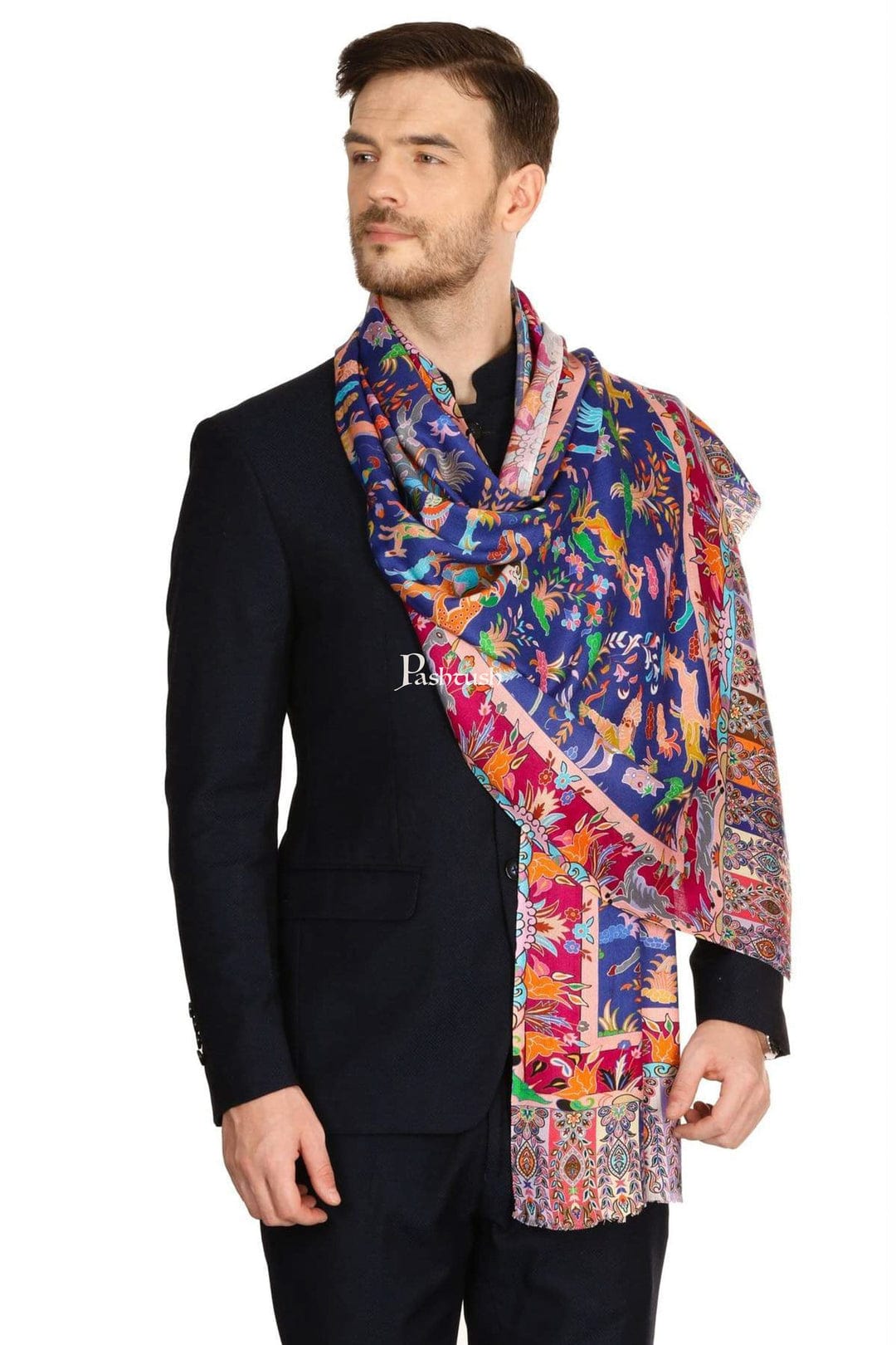 Pashtush India Gift Pack Pashtush His And Her Set Of Mens Bamboo Stole and Womens Fine wool Stole, Premium Gift Box Packaging, Blue and Pink