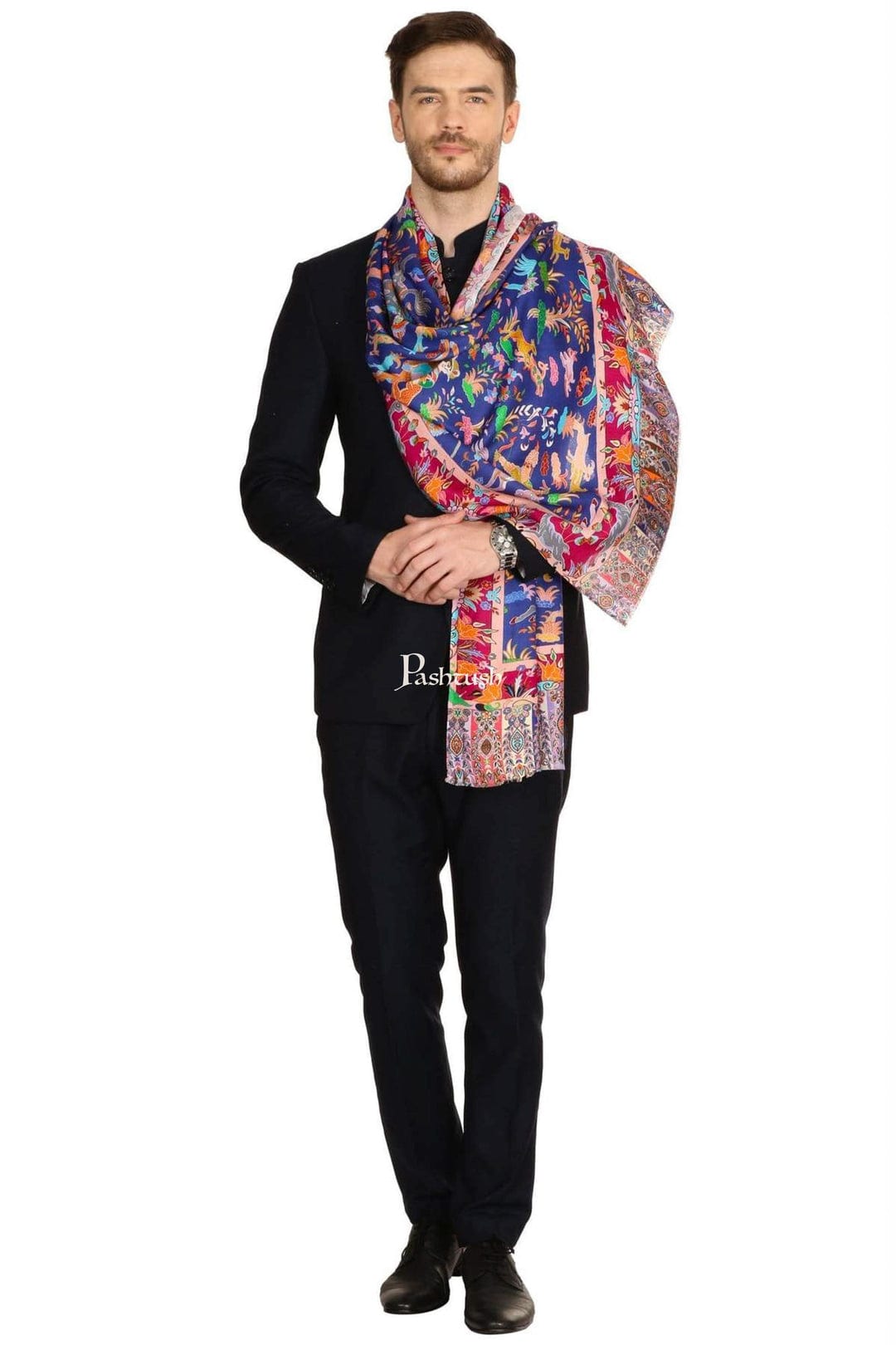 Pashtush India Gift Pack Pashtush His And Her Set Of Mens Bamboo Stole and Womens Fine wool Stole, Premium Gift Box Packaging, Blue and Pink