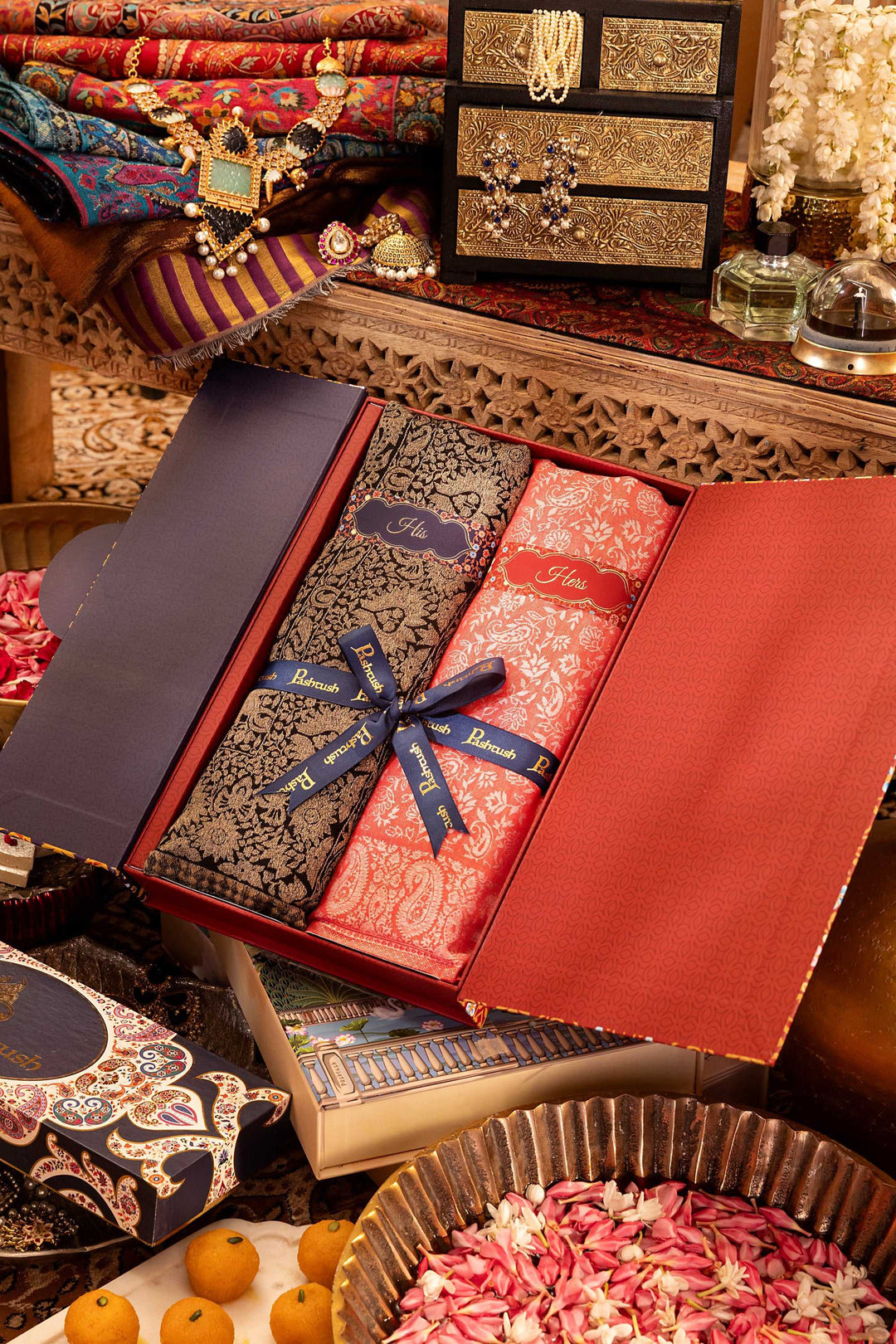 Pashtush India Gift Pack Pashtush His And Her Set Of Mens Extra Fine Wool Stole and Womens Bamboo Stole, Premium Gift Box Packaging, Black and Red