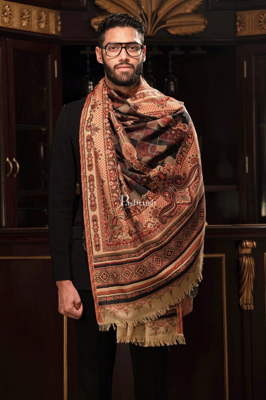 Pashtush India Gift Pack Pashtush His And Her Set Of Mens Faux Pashmina Stole and Womens Aari Embroidery Stole, Premium Gift Box Packaging, Multicolour and Black