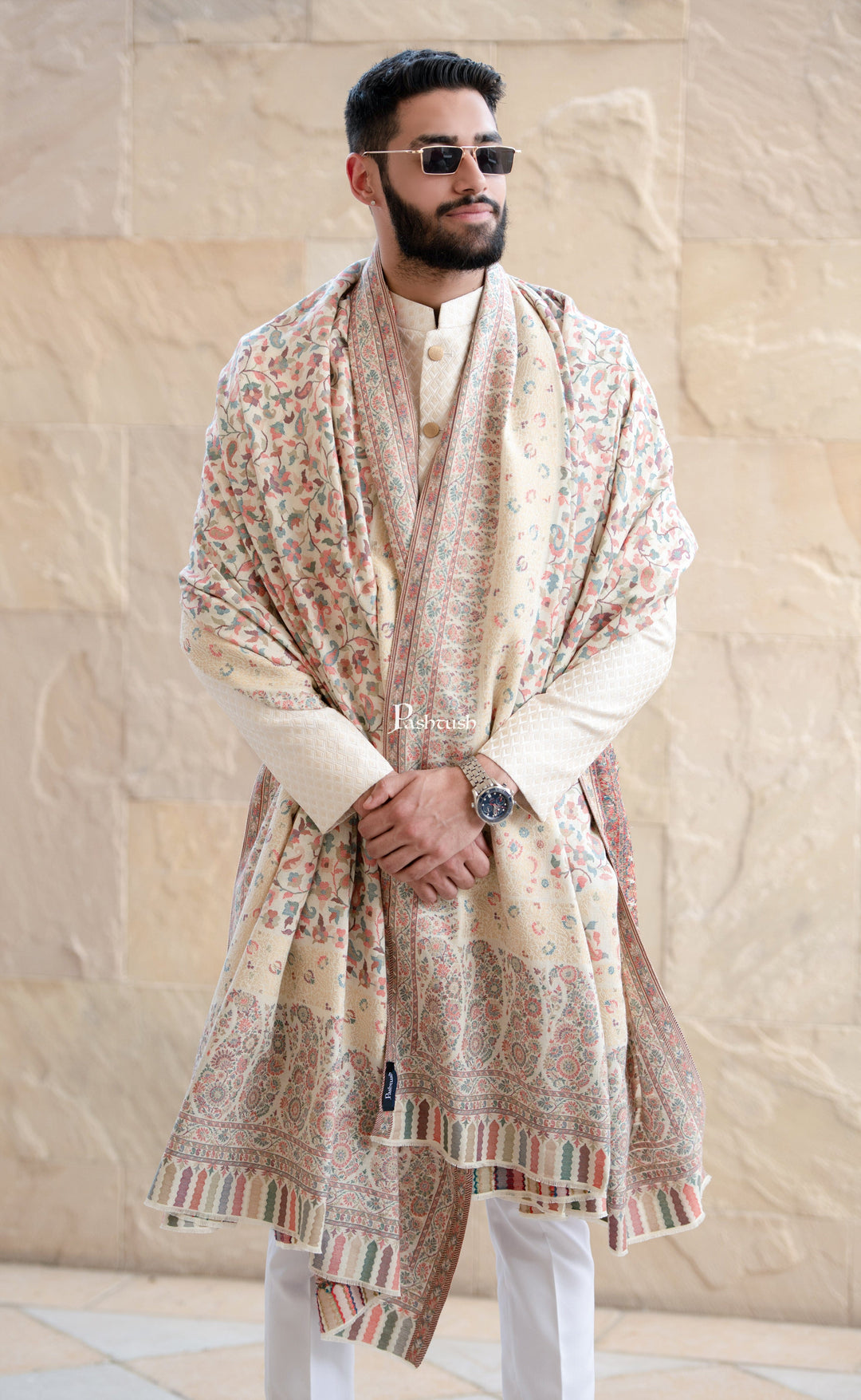 Pashtush India Gift Pack Pashtush His And Her Set Of Mens Fine Wool Lohi and Womens Reversible Bamboo Stole, Premium Gift Box Packaging, Ivory and Peach