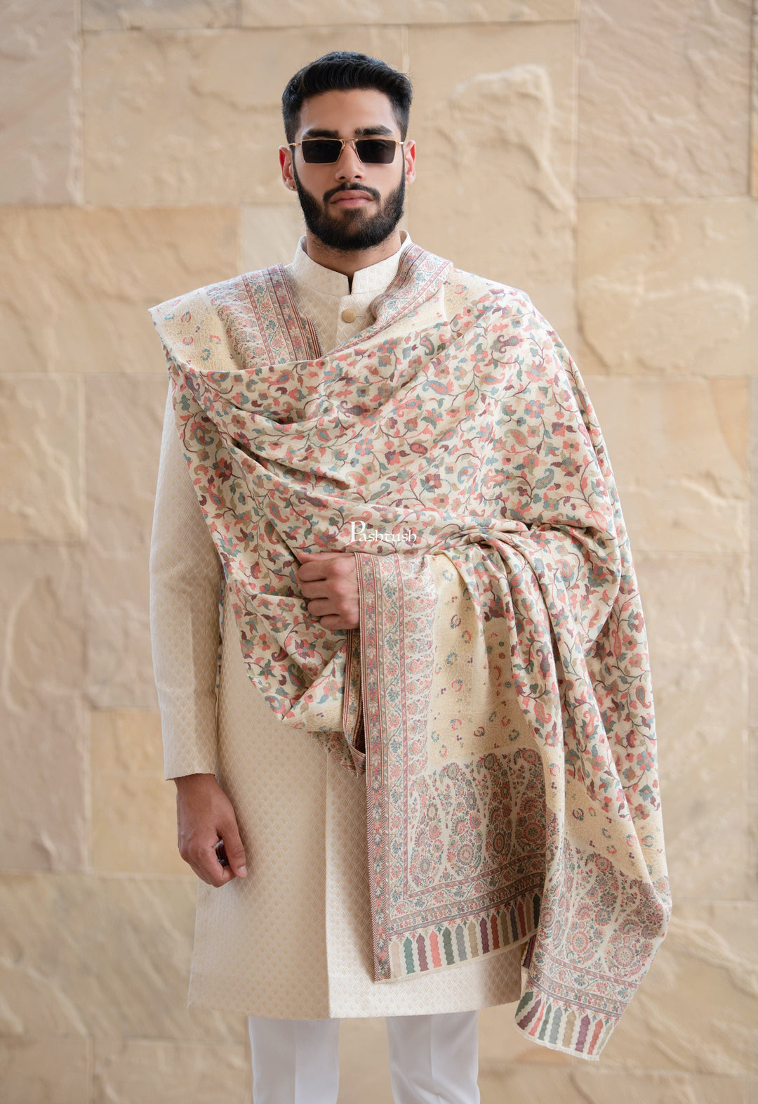 Pashtush India Gift Pack Pashtush His And Her Set Of Mens Fine Wool Lohi and Womens Reversible Bamboo Stole, Premium Gift Box Packaging, Ivory and Peach