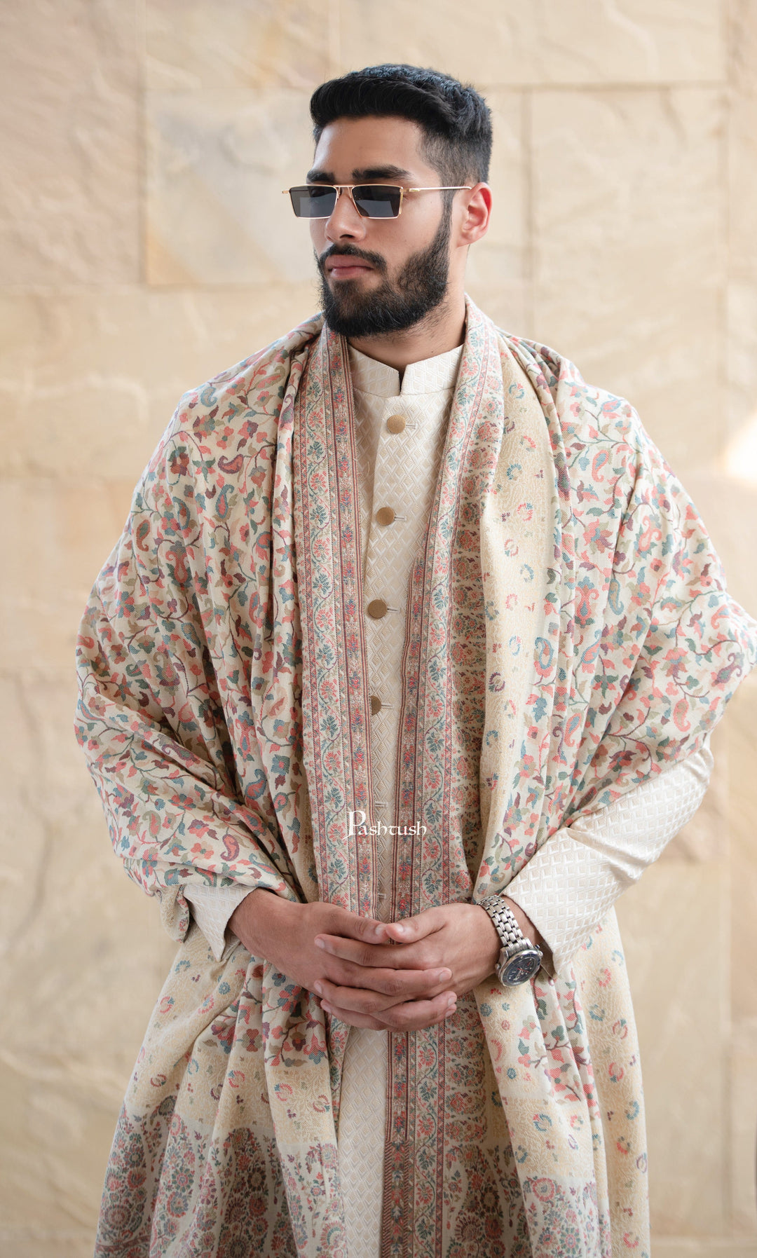 Pashtush India Gift Pack Pashtush His And Her Set Of Mens Fine Wool Lohi and Womens Reversible Bamboo Stole, Premium Gift Box Packaging, Ivory and Peach