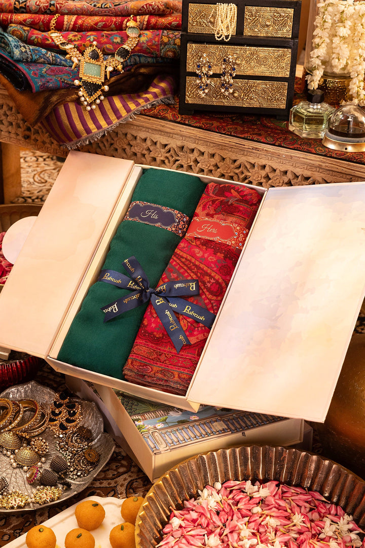 Pashtush India Gift Pack Pashtush His And Her Set Of Mens Fine Wool Muffler and Womens 100% Pure Wool Shawl, Premium Gift Box Packaging, Green and Maroon