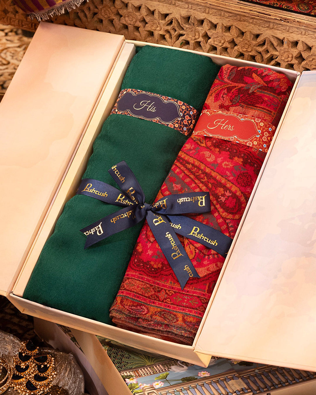 Pashtush India Gift Pack Pashtush His And Her Set Of Mens Fine Wool Muffler and Womens 100% Pure Wool Shawl, Premium Gift Box Packaging, Green and Maroon