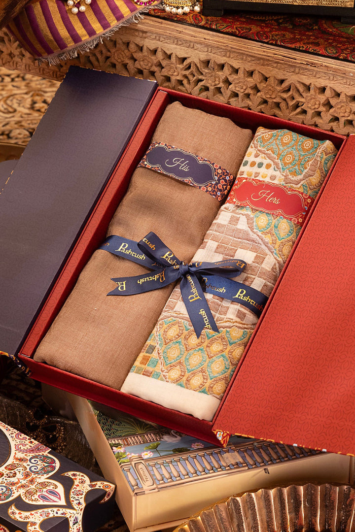 Pashtush India Gift Pack Pashtush His And Her Set Of Mens Fine Wool Muffler and Womens 100% Pure Wool Stole, Premium Gift Box Packaging, Taupe and Ivory