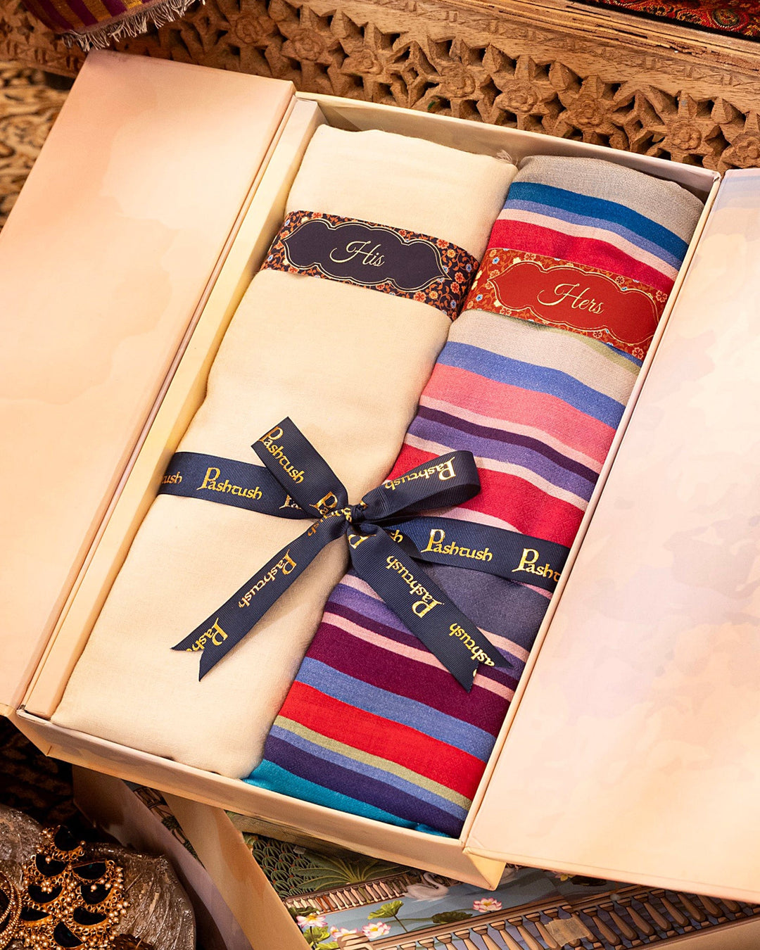 Pashtush India Gift Pack Pashtush His And Her Set Of Mens Fine Wool Muffler and Womens Bamboo Stole, Premium Gift Box Packaging, Ivory and Multicolor