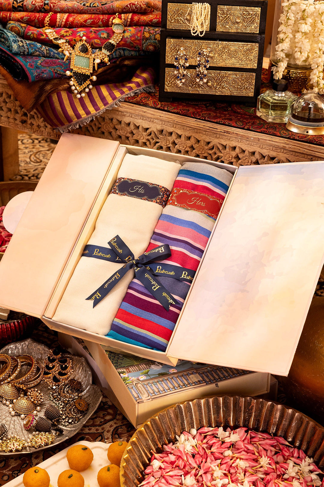 Pashtush India Gift Pack Pashtush His And Her Set Of Mens Fine Wool Muffler and Womens Bamboo Stole, Premium Gift Box Packaging, Ivory and Multicolor