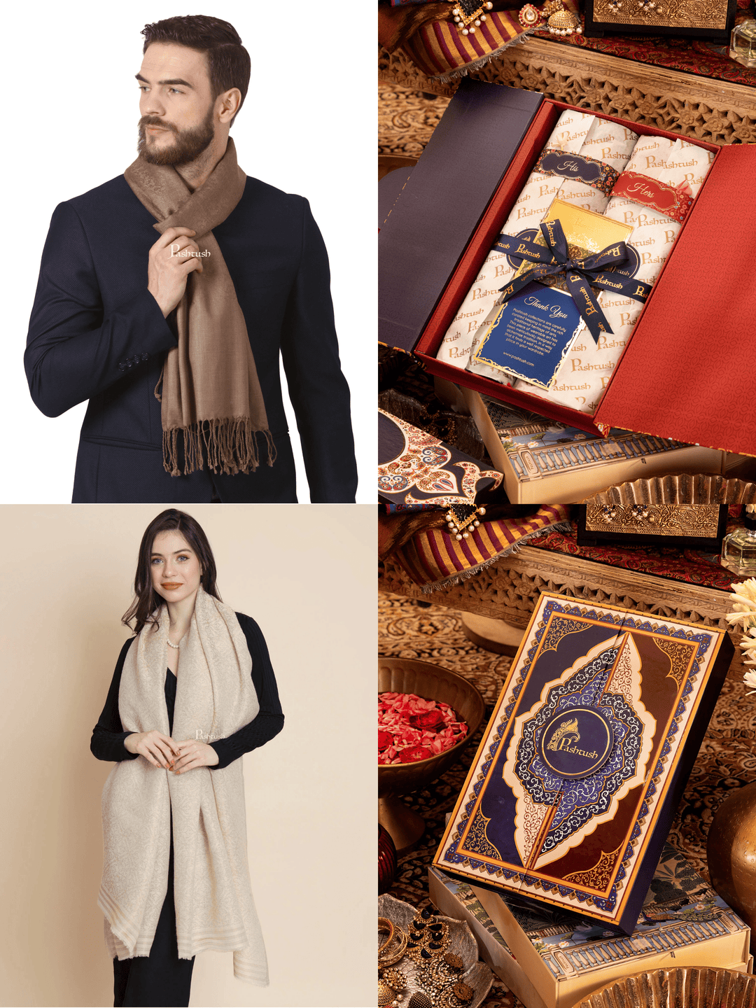 Pashtush India Gift Pack Pashtush His And Her Set Of Mens Fine Wool Muffler and Womens Twilight Shawl, Premium Gift Box Packaging, Taupe and Ivory