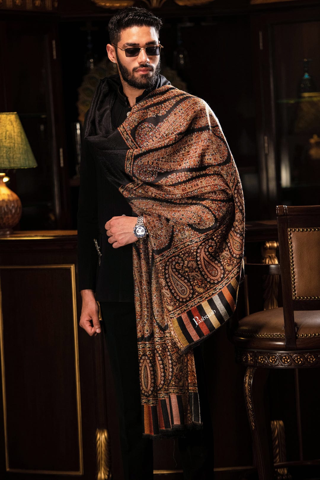 Pashtush India Gift Pack Pashtush His And Her Set Of Mens Fine Wool Palla Shawl and Womens Kalamkari Shawl, Premium Gift Box Packaging, Black and Multicolour