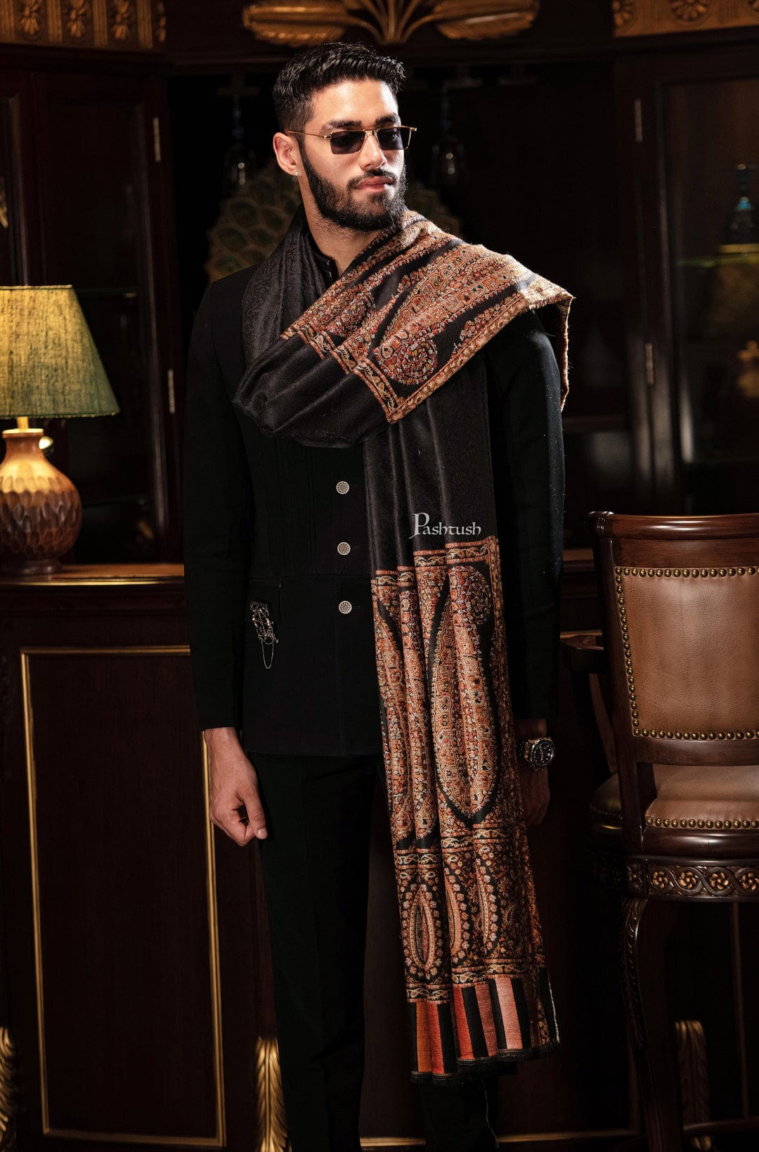 Pashtush India Gift Pack Pashtush His And Her Set Of Mens Fine Wool Palla Shawl and Womens Kalamkari Shawl, Premium Gift Box Packaging, Black and Multicolour