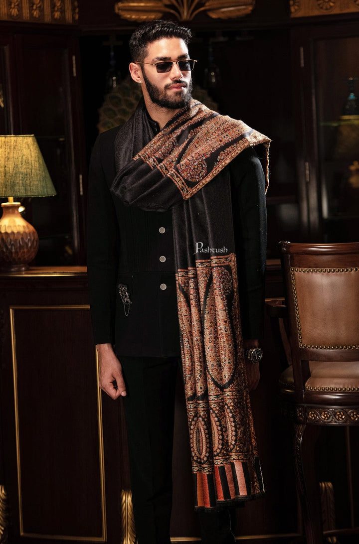 Pashtush India Gift Pack Pashtush His And Her Set Of Mens Fine Wool Palla Shawl and Womens Kalamkari Shawl, Premium Gift Box Packaging, Black and Multicolour