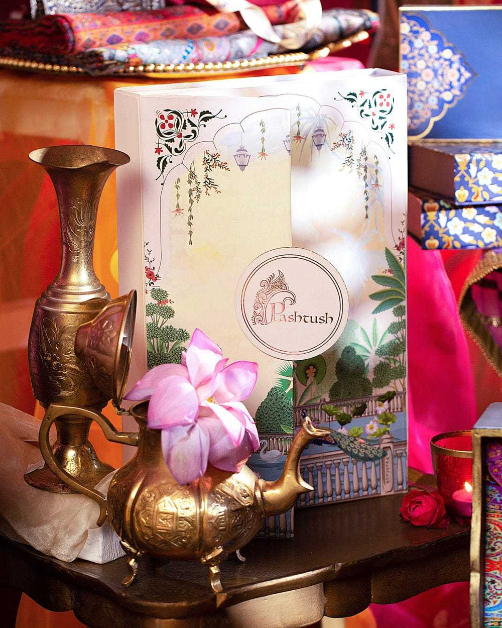 Pashtush India Gift Pack Pashtush His And Her Set Of Mens Fine Wool Scarf and Womens Kalamkari Shawl, Premium Gift Box Packaging, Sahara and Multicolour