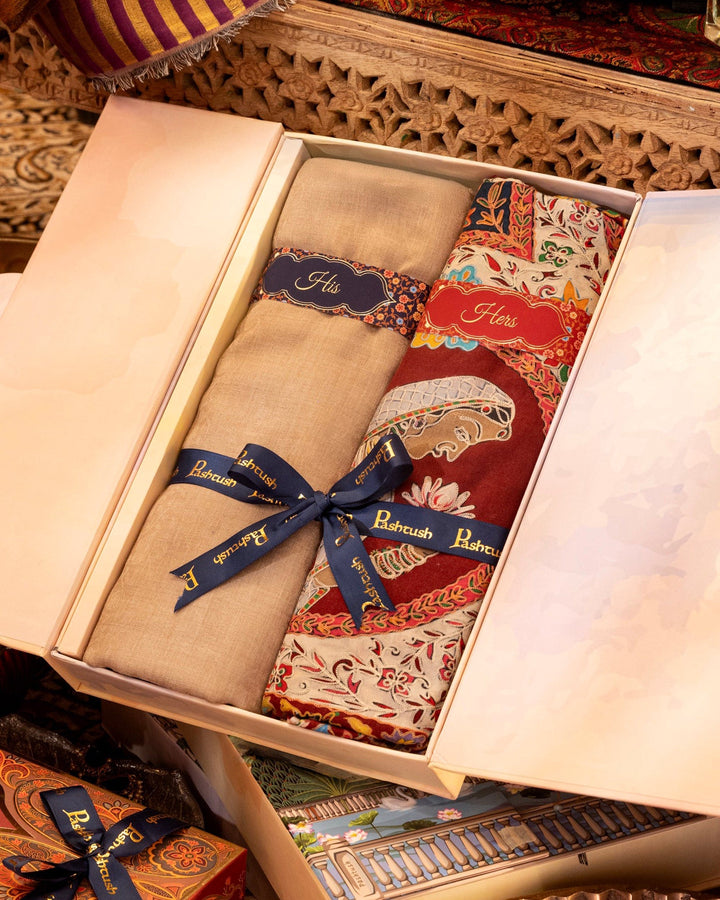 Pashtush India Gift Pack Pashtush His And Her Set Of Mens Fine Wool Scarf and Womens Kalamkari Shawl, Premium Gift Box Packaging, Sahara and Multicolour