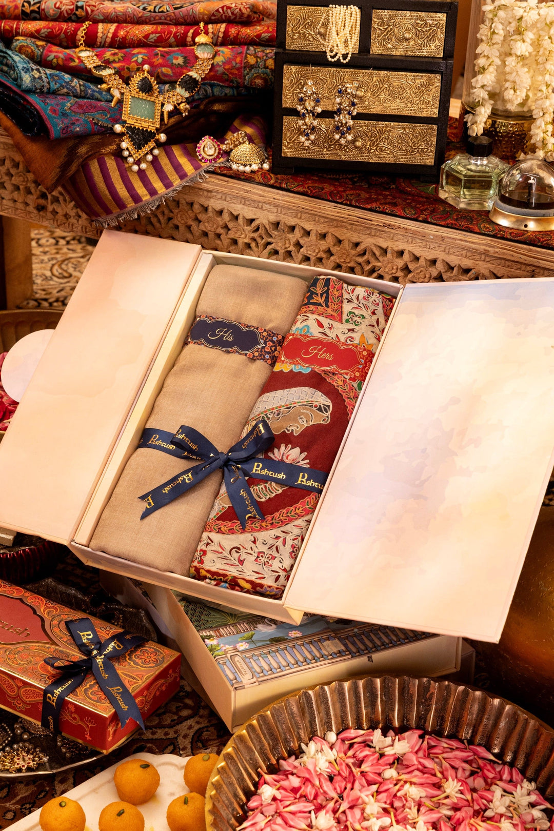 Pashtush India Gift Pack Pashtush His And Her Set Of Mens Fine Wool Scarf and Womens Kalamkari Shawl, Premium Gift Box Packaging, Sahara and Multicolour