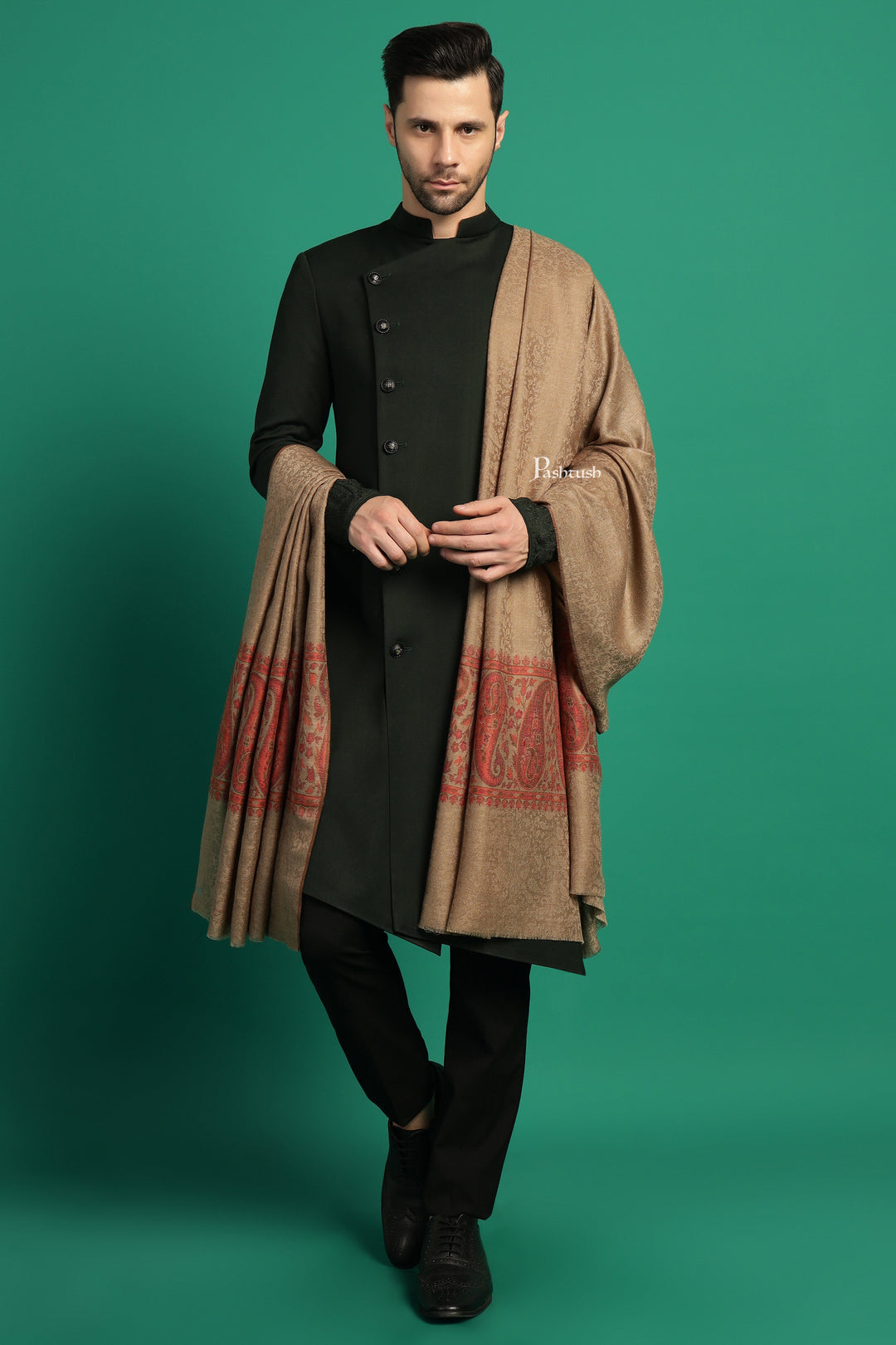 Pashtush India Gift Pack Pashtush His And Her Set Of Mens Fine Wool Shawl and Womens Bamboo Stole, Premium Gift Box Packaging, Taupe and Multicolour