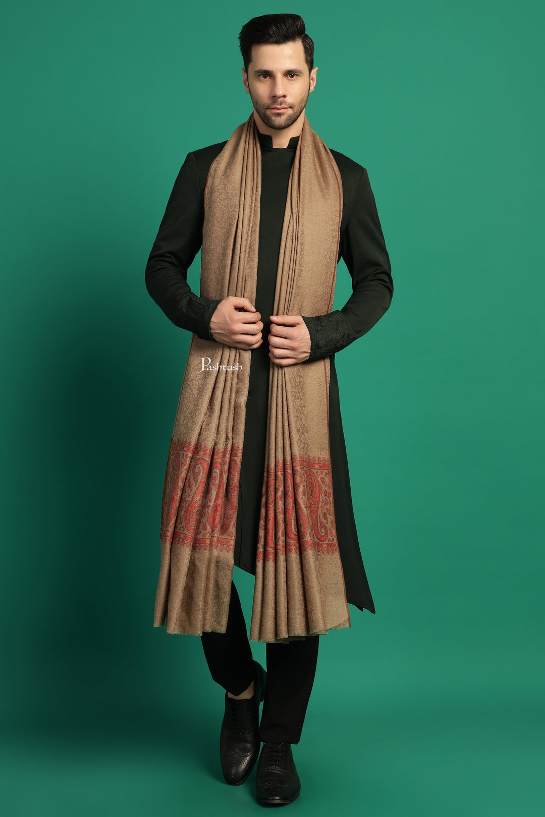 Pashtush India Gift Pack Pashtush His And Her Set Of Mens Fine Wool Shawl and Womens Bamboo Stole, Premium Gift Box Packaging, Taupe and Multicolour