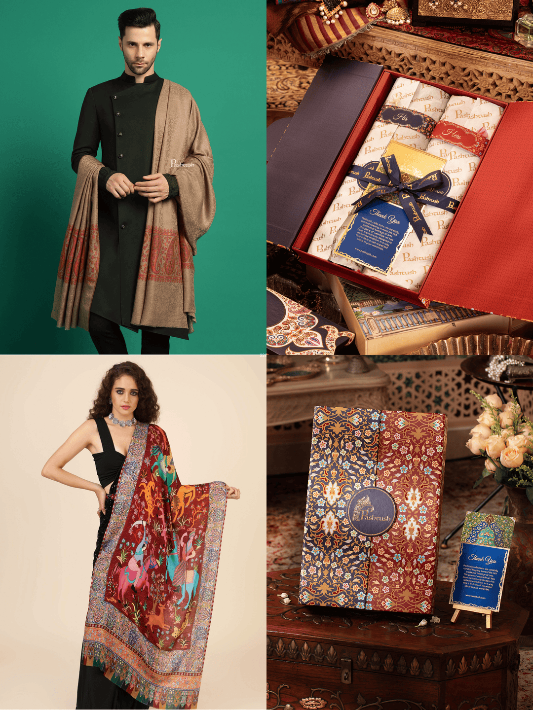Pashtush India Gift Pack Pashtush His And Her Set Of Mens Fine Wool Shawl and Womens Bamboo Stole, Premium Gift Box Packaging, Taupe and Multicolour