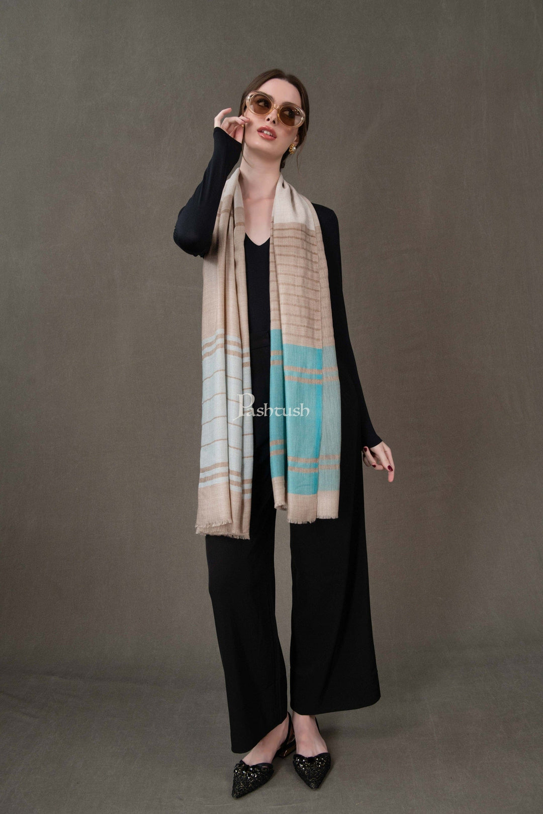 Pashtush India Gift Pack Pashtush His And Her Set Of Mens Fine Wool Shawl and Womens Stole, Premium Gift Box Packaging, Beige and Aqua Blue