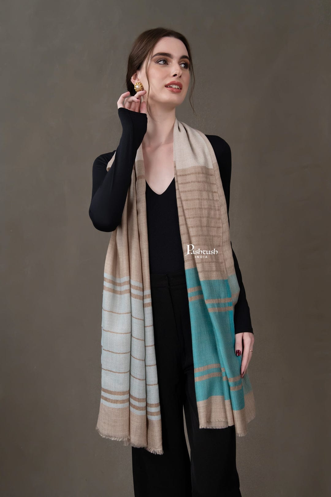 Pashtush India Gift Pack Pashtush His And Her Set Of Mens Fine Wool Shawl and Womens Stole, Premium Gift Box Packaging, Beige and Aqua Blue