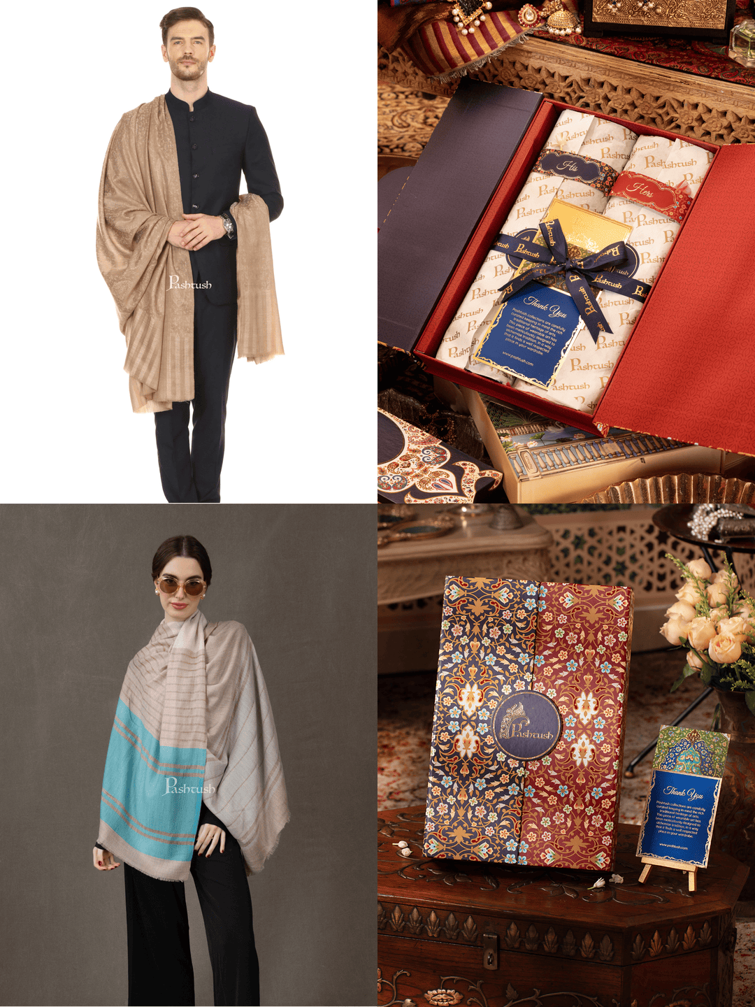 Pashtush India Gift Pack Pashtush His And Her Set Of Mens Fine Wool Shawl and Womens Stole, Premium Gift Box Packaging, Beige and Aqua Blue