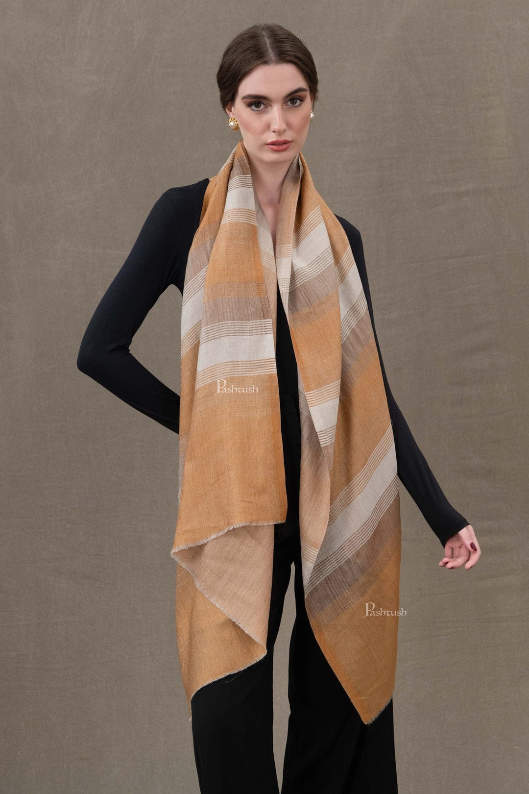 Pashtush India Gift Pack Pashtush His And Her Set Of Mens Fine Wool Shawl and Womens Stole, Premium Gift Box Packaging, Taupe and Marigold