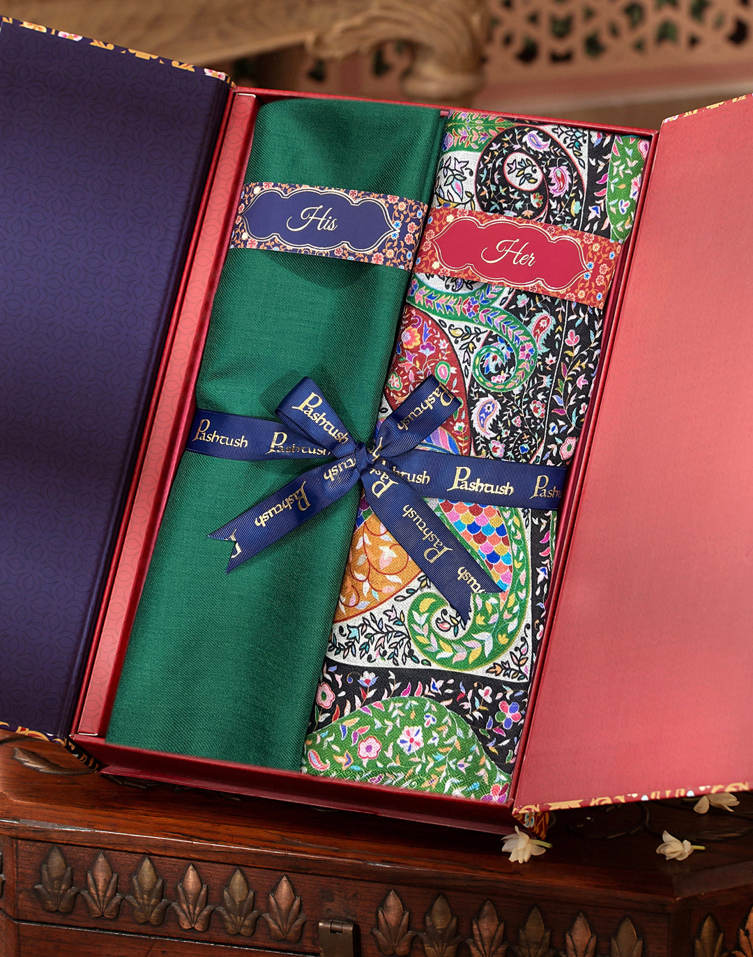 Pashtush India Gift Pack Pashtush His And Her Set Of Mens Fine Wool Stole and Womens Bamboo Stole, Premium Gift Box Packaging, Green and Multicolour