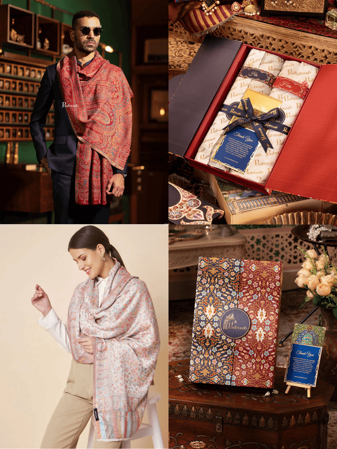 Pashtush India Gift Pack Pashtush His And Her Set Of Mens Fine Wool Stole and Womens Bamboo Stole, Premium Gift Box Packaging, Maroon and Multicolour