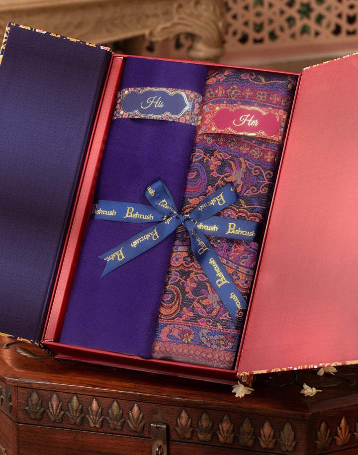 Pashtush India Gift Pack Pashtush His And Her Set Of Mens Fine Wool Stole and Womens Bamboo Stole, Premium Gift Box Packaging, Purple and Taupe