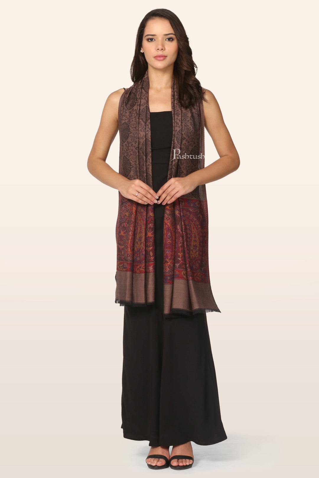 Pashtush India Gift Pack Pashtush His And Her Set Of Mens Fine Wool Stole and Womens Bamboo Stole, Premium Gift Box Packaging, Purple and Taupe