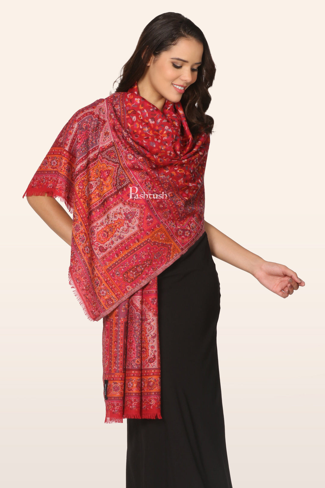 Pashtush India Gift Pack Pashtush His And Her Set Of Mens Fine Wool Stole and Womens Faux Pashmina Stole, Premium Gift Box Packaging, Beige and Maroon