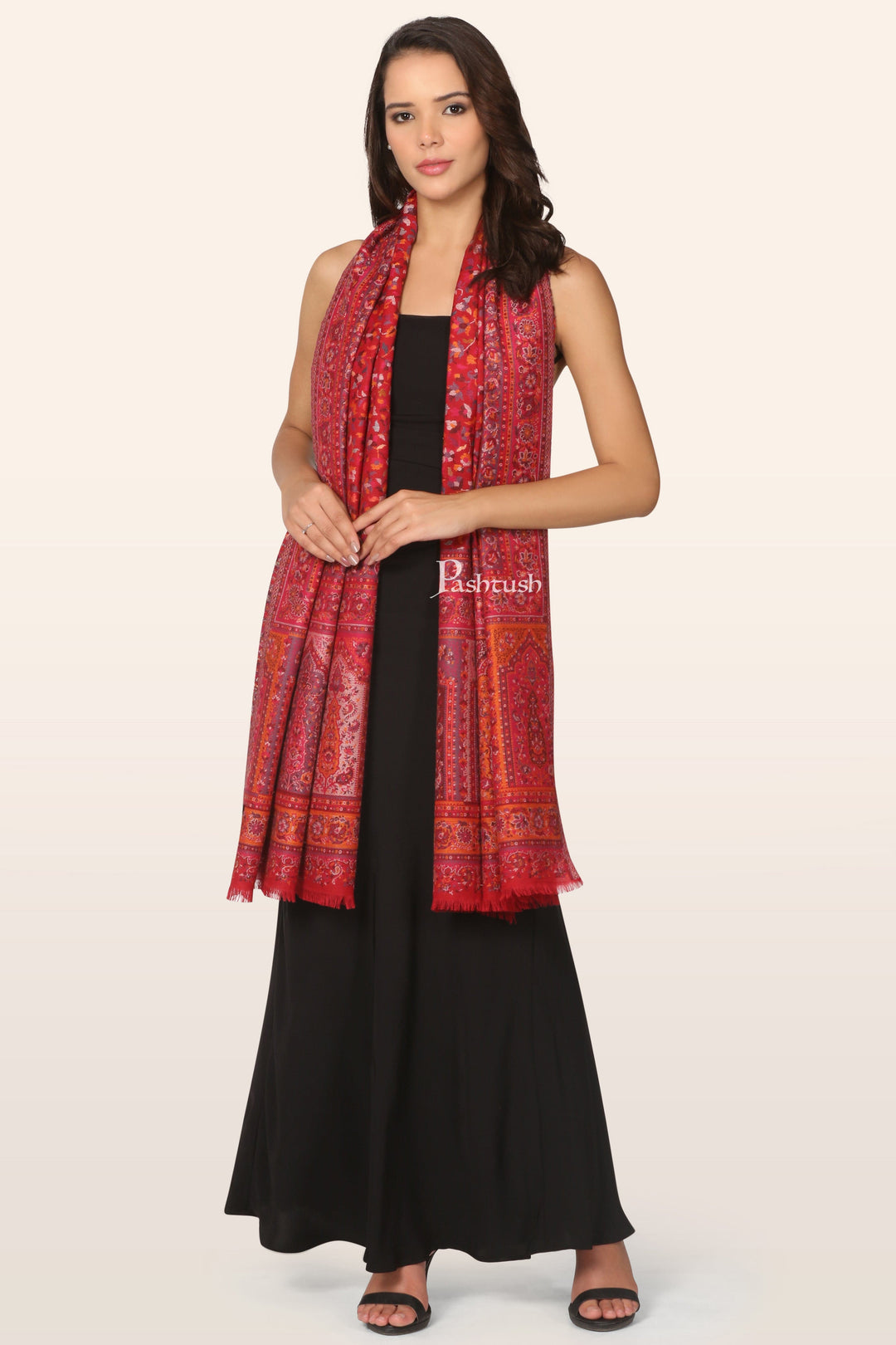 Pashtush India Gift Pack Pashtush His And Her Set Of Mens Fine Wool Stole and Womens Faux Pashmina Stole, Premium Gift Box Packaging, Beige and Maroon
